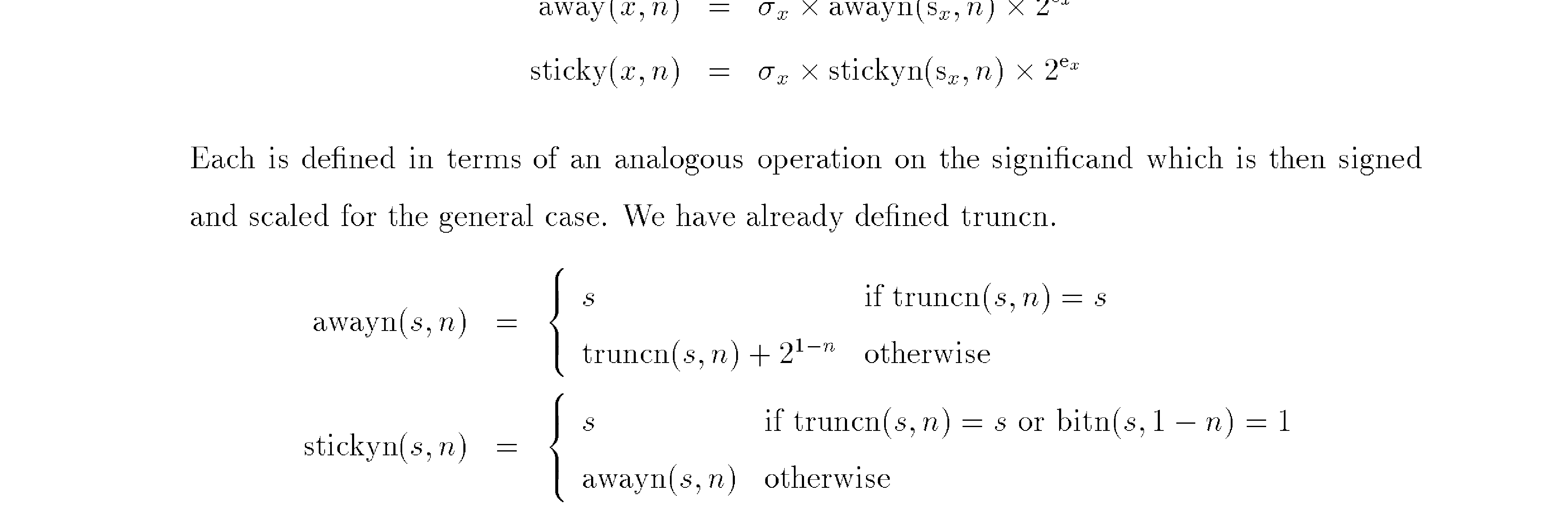 Scan of the 1996 paper, page 13: the stickyn definition as printed, with the branch 'if truncn(s, n) = s or bitn(s, 1 - n) = 1'